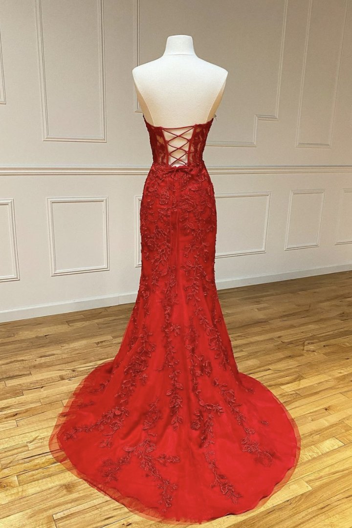 Red mermaid lace long prom dress evening dress cg16443