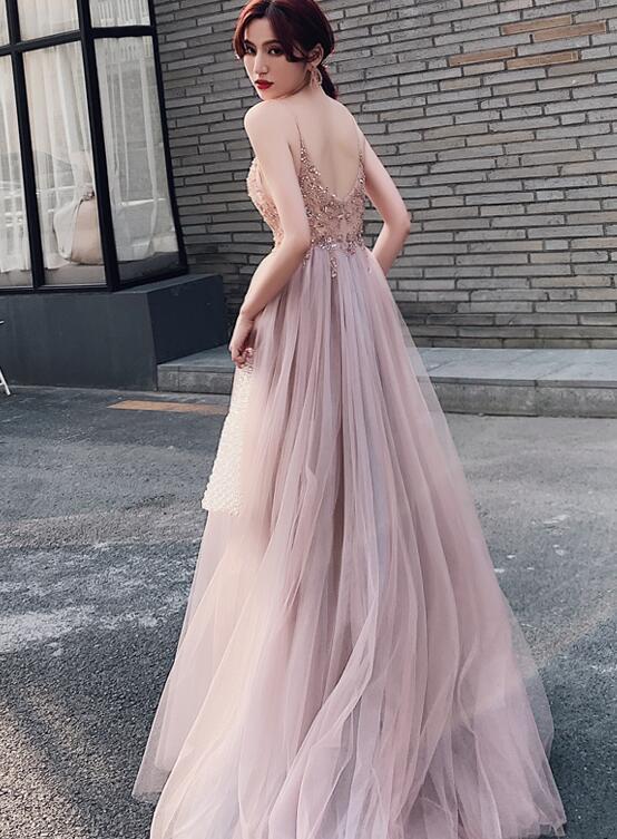 Pink Beaded High Slit Spaghetti Straps Long Junior Prom Dress, V Back Party Dress cg16446