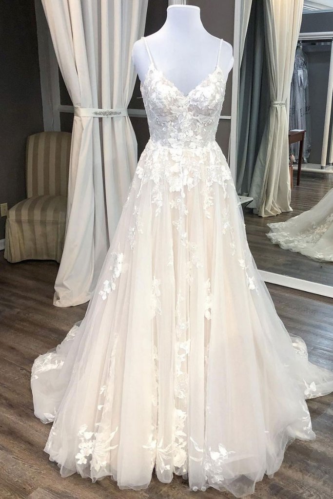 CHAMPAGNE V NECK TULLE LACE LONG PROM DRESS CHAMPAGNE EVENING DRESS cg16449