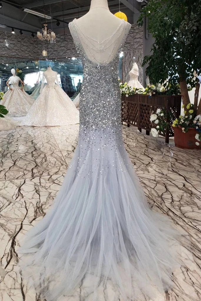 Gorgeous Mermaid Backless Silver Grey Sequins Prom Dress, Mermaid Silver Grey Formal Dress, Shiny Silver Grey Evening Dress cg16455
