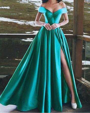 SATIN BRIDESMAID PROM DRESSES LEG SPLIT OFF SHOULDER cg16472