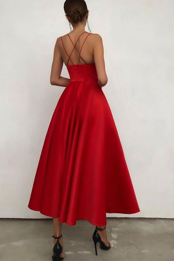 Simple V Neck Satin Burgundy Tea Length Prom/Evening Dresses cg16481