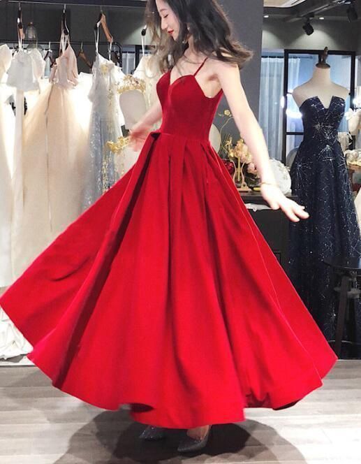 Beautiful Red Velvet Straps Long Evening Formal Dress, Red Party Dress Prom Dresses cg16483