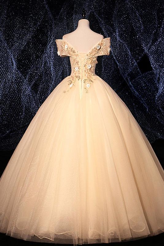 Champagne Tulle Lace Applique Off Shoulder Long Sweet 16 Prom Dress, Evening Dresses cg16495