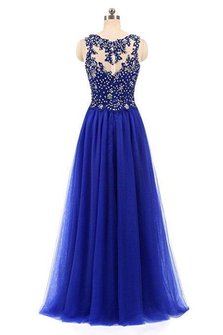 Charming Blue Beaded Tulle Long Party Dress, Round Neckline Prom Dress cg16497