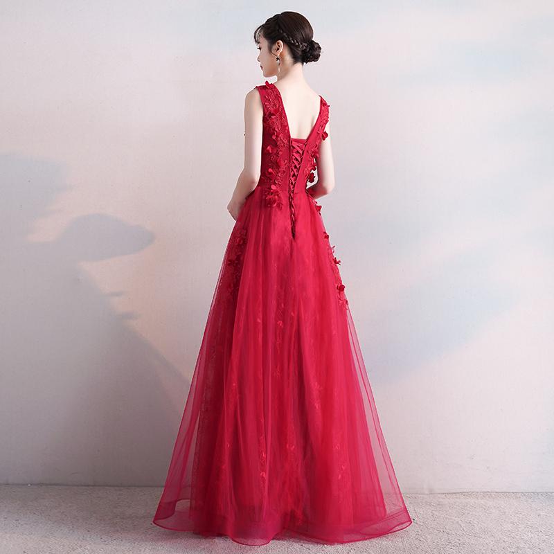Beautiful Red V-Neckline Tulle Long Party Dress With Lace, Red Prom Dress cg16498