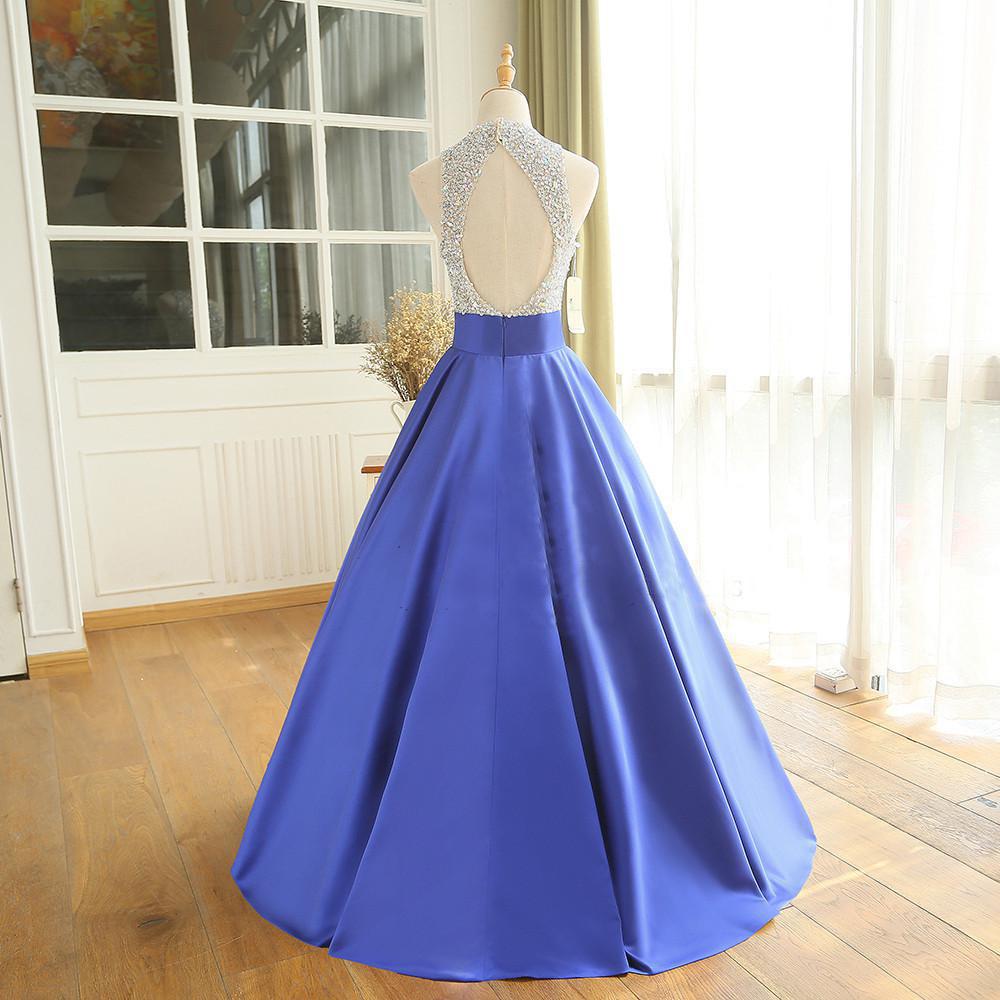 Royal Blue Satin Sequins Top Ball Gown Prom Dress, Blue PartyDress Long Formal Dress cg16499