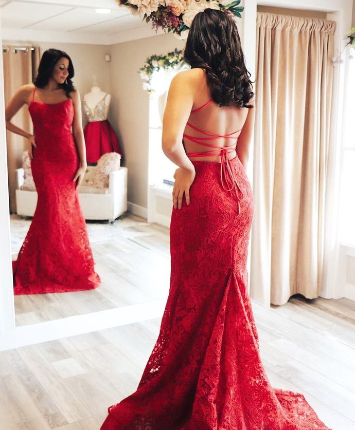 Mermaid Red Lace Long Formal Dress prom Dress cg16509