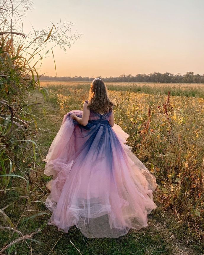 Ombre A-line Tulle Long prom Dress cg16510