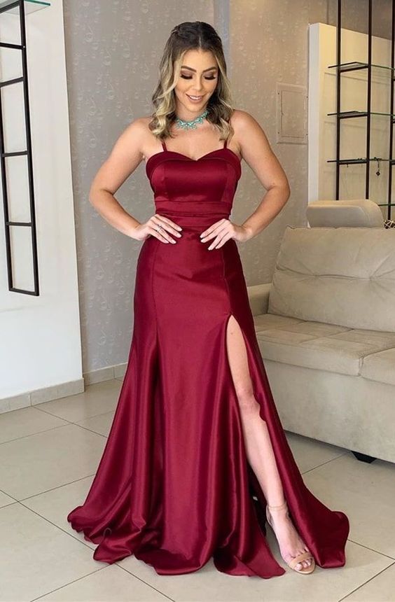 Burgundy Spaghetti Straps Long Prom Dresses,Sweetheart Evening Dress with Side Slit cg16526