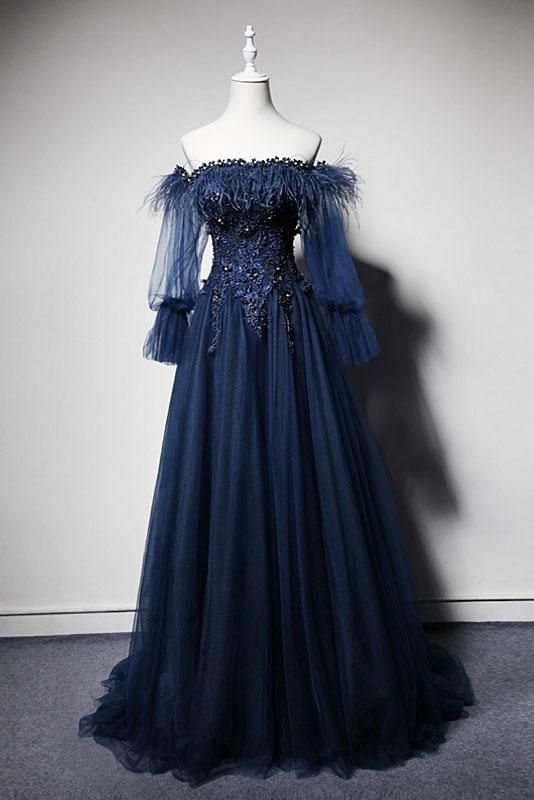 Navy Blue Tulle Lace Off Shoulder Floor Length Custom Size Prom Dress With Sleeve cg16563