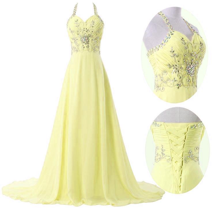 Light Yellow Chiffon Halter Beaded Long Party Dress, Chiffon Prom Dress 2021 cg16567