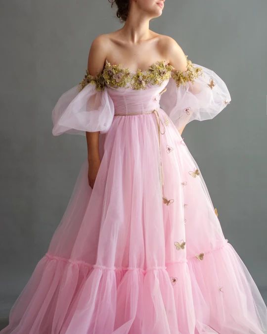 Handmade embroidered gold colored flowers and butterflies with a shiny gold waist Prom Dress cg16584