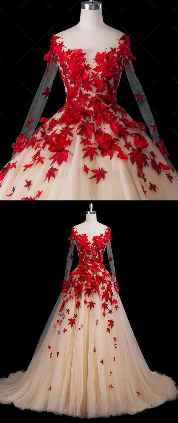 Chic Red Tulle Custom Made Long Puffy Formal Prom Dress, Evening Dress With Flower Applique cg16588