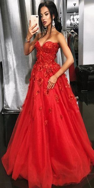 A-Line Sweetheart Sweep Train Red Prom Dress with Appliques Beading cg16593