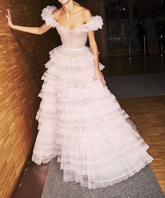Princess A-Line Off the Shoulder Pink Tulle Prom Evening Dresses cg16597