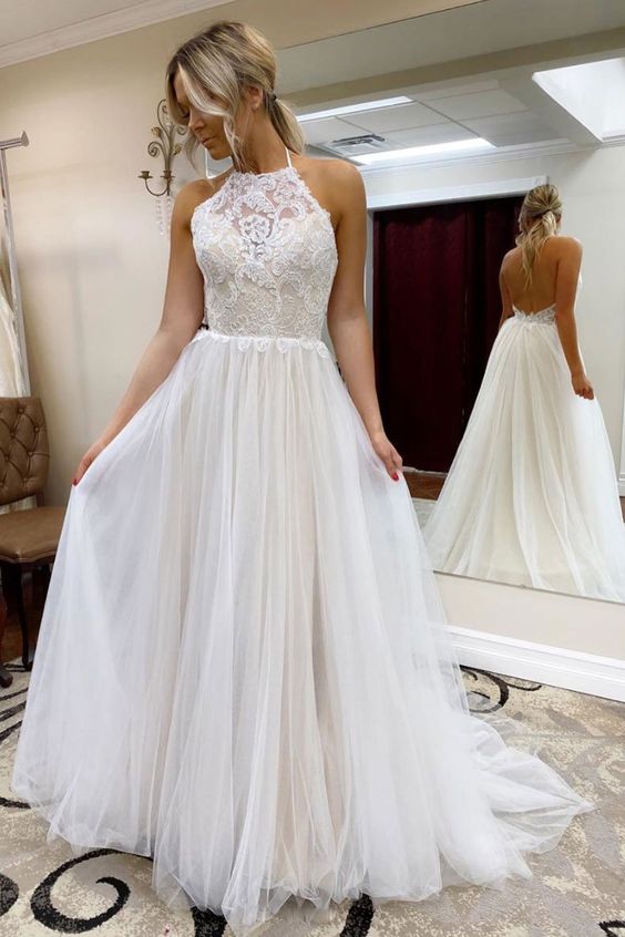 Charming A Line Halter White Long Prom/Evening Dress Appliques cg16599