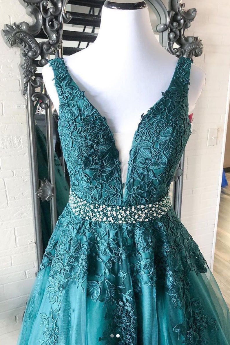 Green v neck tulle lace long prom dress, green formal dress cg16643