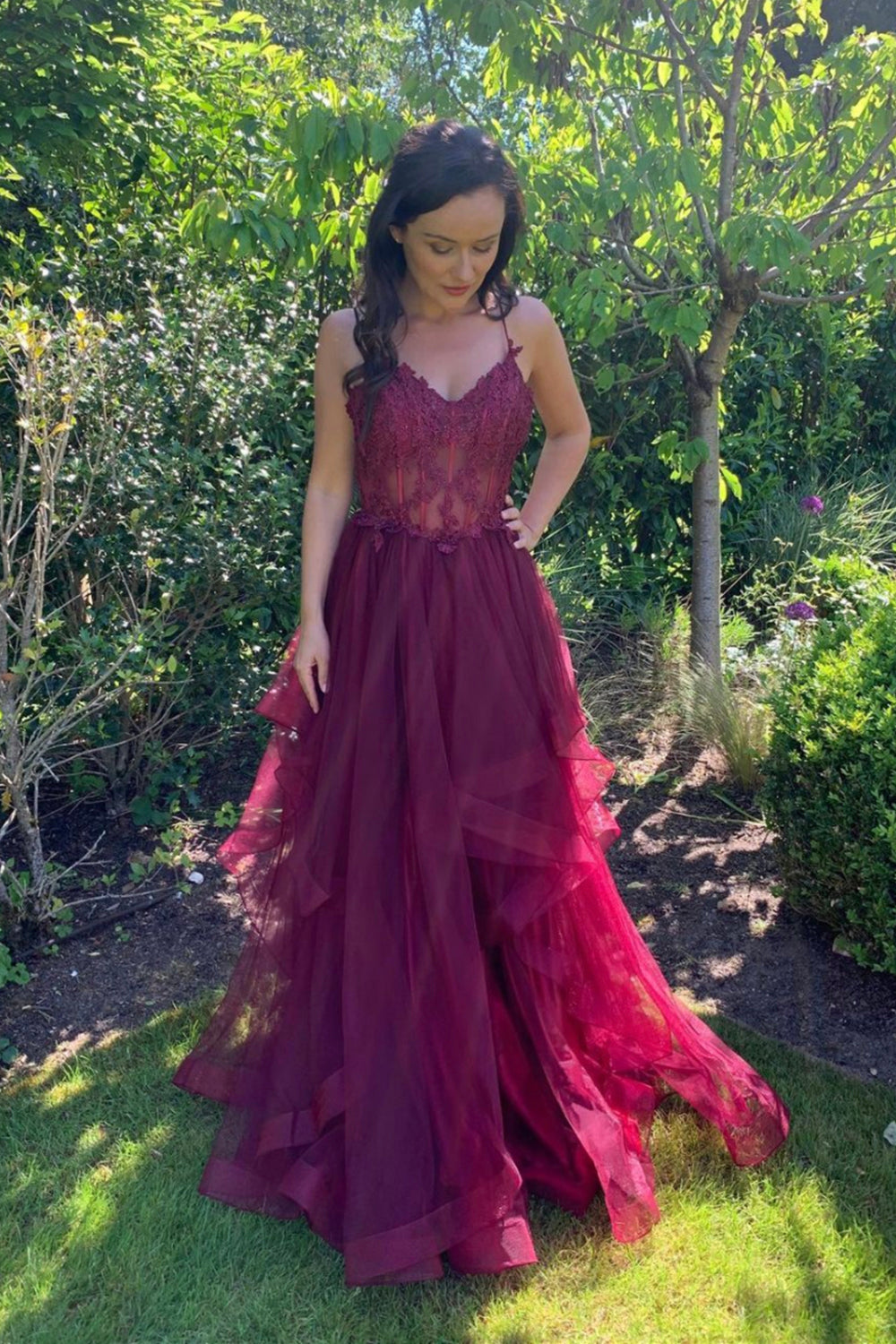 BURGUNDY LACE LONG PROM DRESS EVENING DRESS cg16644