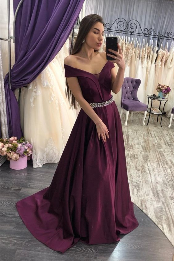 Purple A Line Elegant Prom Dress Off Shoulder Beaded Sash V Neck Formal Dresses cg16646