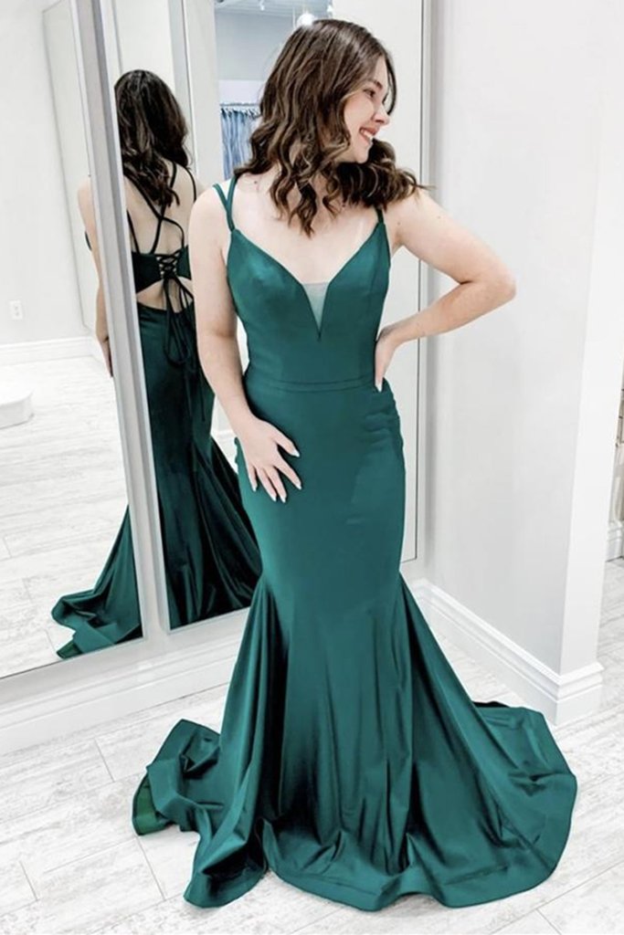 Mermaid V Neck Green Satin Long Prom Dress cg16649