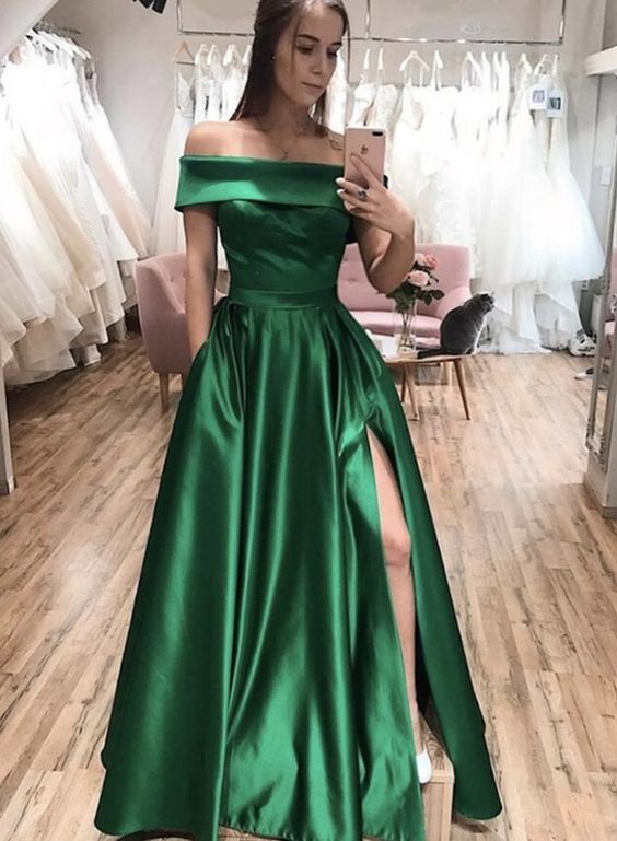 Green off shoulder satin long split prom dress green evening dress cg16686