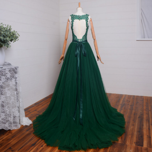 Dark Green Tulle With Lace Applique Long Prom Dress, A-Line Evening Dress, Formal Dress cg16700