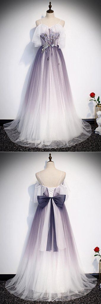 White Tulle Spaghetti Straps Long A Line Prom Dress, Formal Dress With Bowknot cg16701