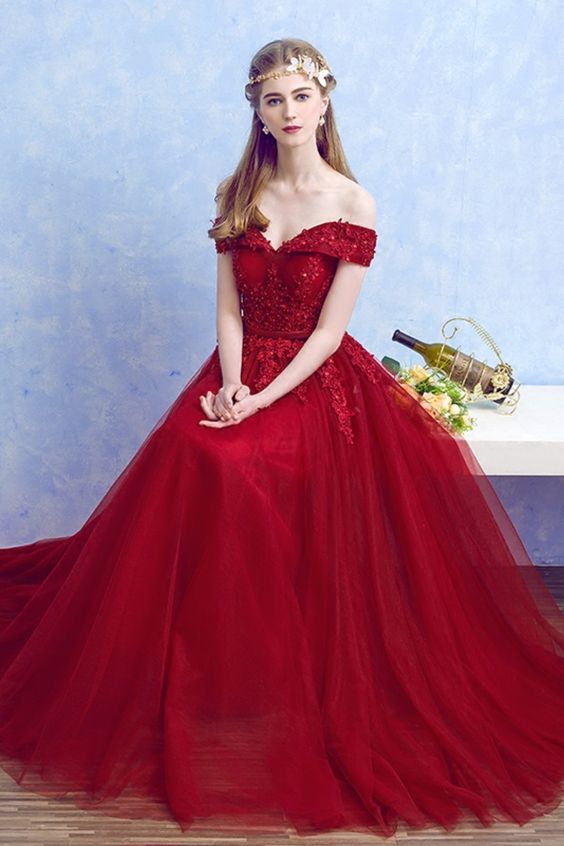 Princess off the shoulder red lace appliqued long formal dress prom dress cg16731