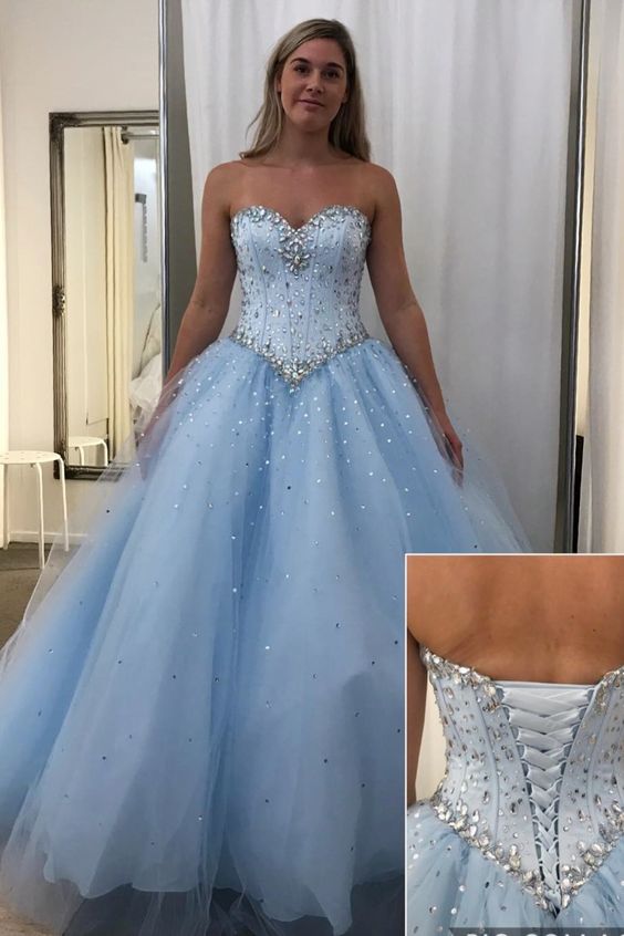 sweetheart baby blue tulle long ball gown wirth lace up back and sequins prom dress cg16733
