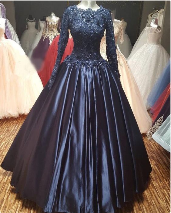 Elegant Navy Blue Ball gown 3D Floral Prom Dress, Long Sleeves Lace Satin Prom Dresses cg16743