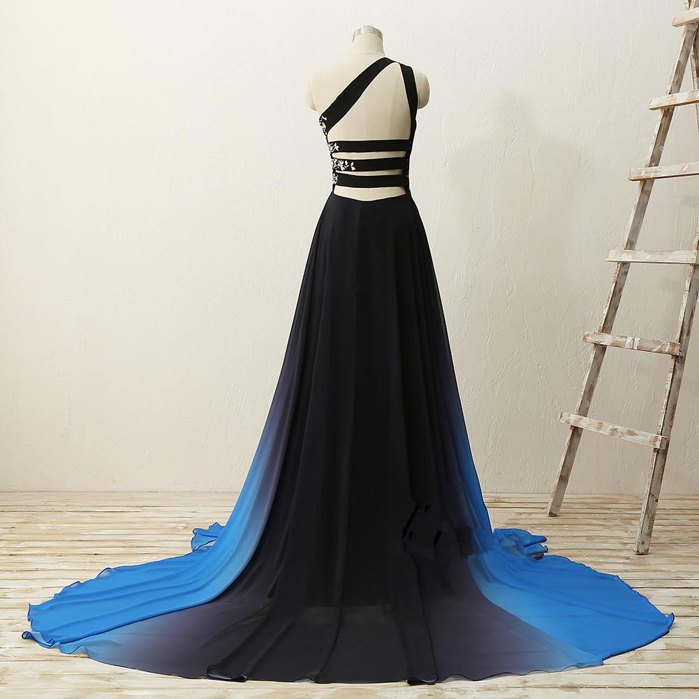 One Shoulder Beaded Chiffon Gradient Long Party Dress, Blue Formal Dress, Prom Dress cg16746