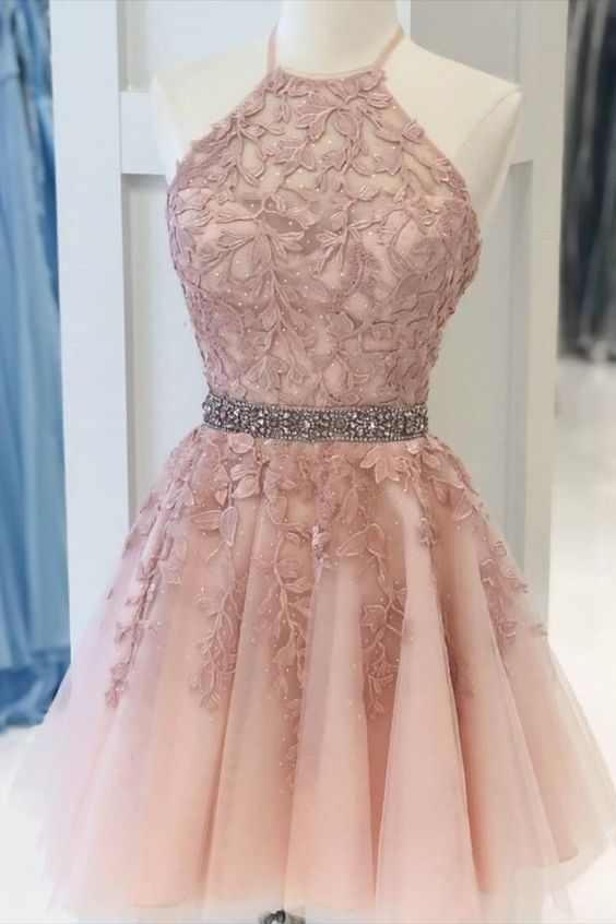 Pink Halter Appliqued Homecoming Dress with Beading Belt cg16763