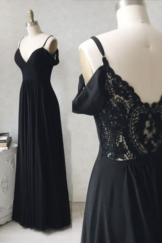 Black chiffon lace long prom dress A line evening dress cg16768
