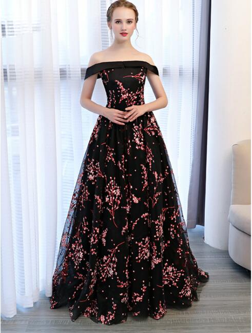 Black Off The Shoulder Print Prom Dress, Sleeveless Lace A line Prom Dresses with Train cg16794