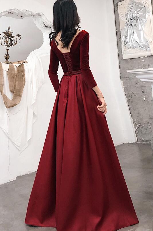 Wine Red Satin And Velvet Long Party Dress, Long Sleeves Evening Dress Long Prom Dress cg16807