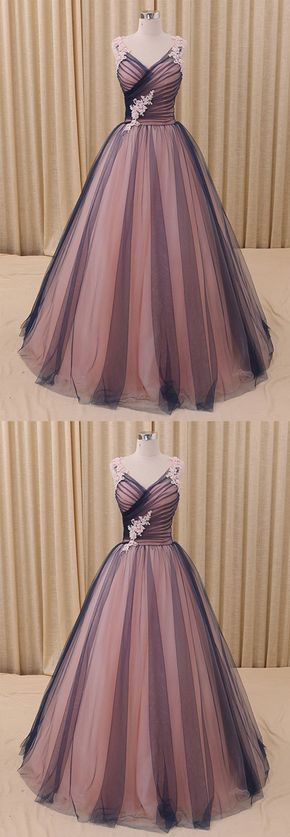 Charming A-Line V-Neck Navy Blue Princess Tulle Ball Gown Formal Evening prom Dress cg16828