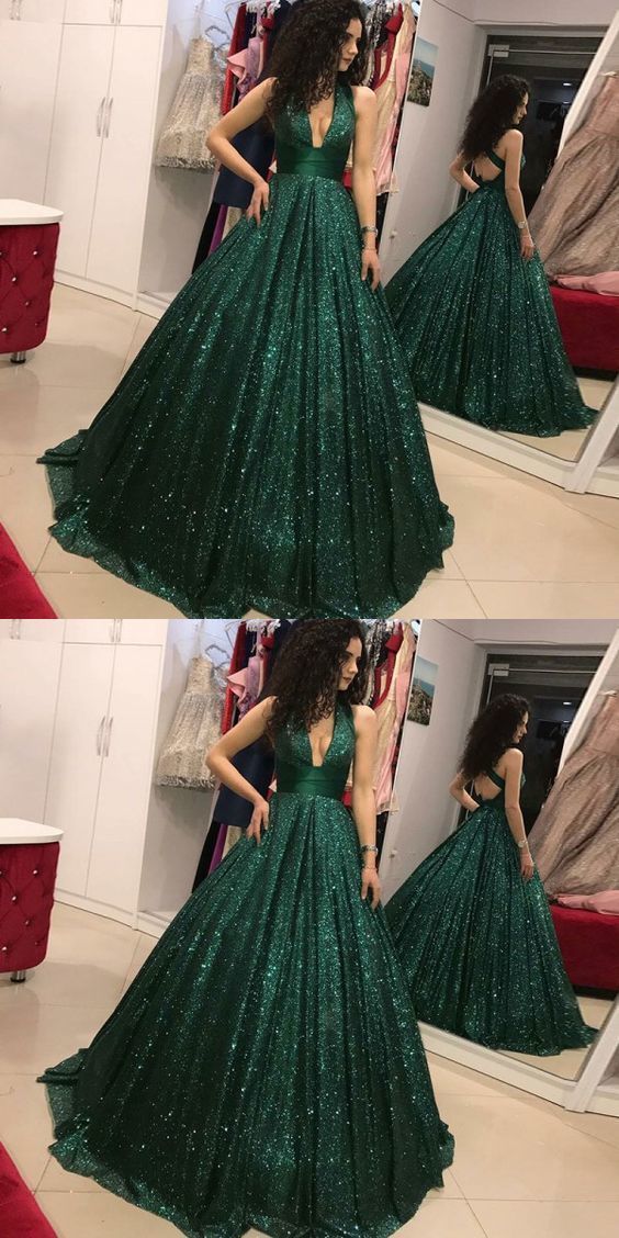 Dazzling Sparkly Sequins Green Ball Gown Plunge V neck Prom Dress Long with Cross Straps cg16829