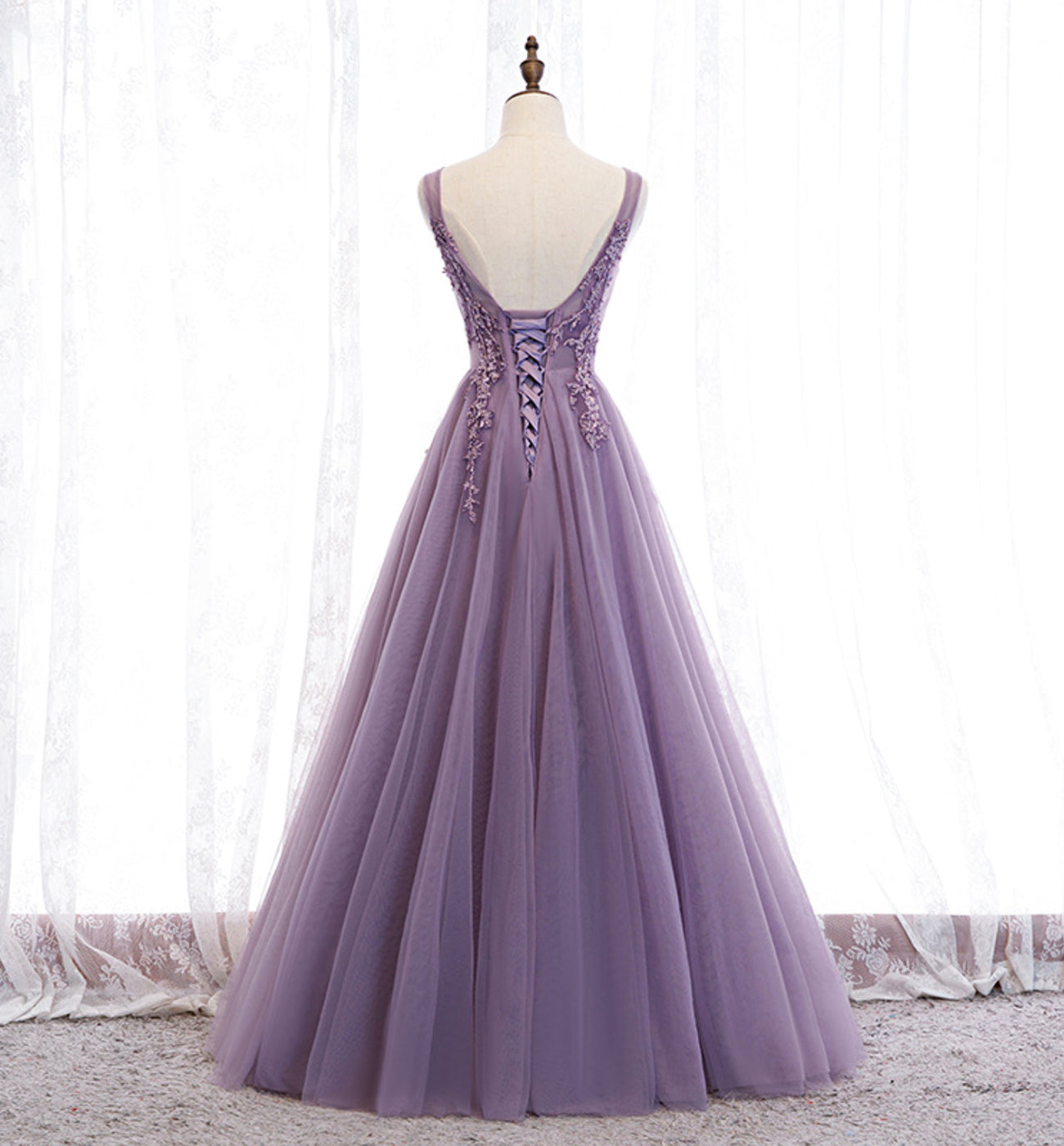 PURPLE V NECK LONG A LINE PROM DRESS LACE EVENING DRESS cg16844
