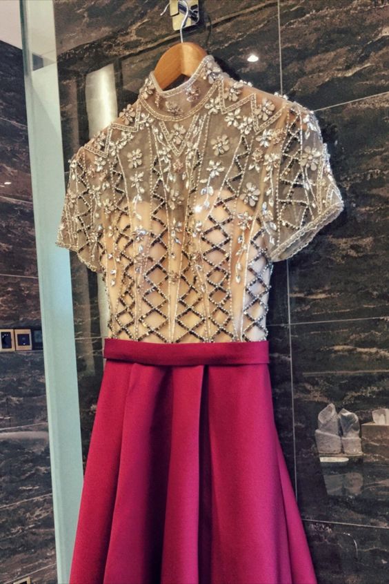 short sleeves red long formal dress with beaded bodice prom gown cg16848