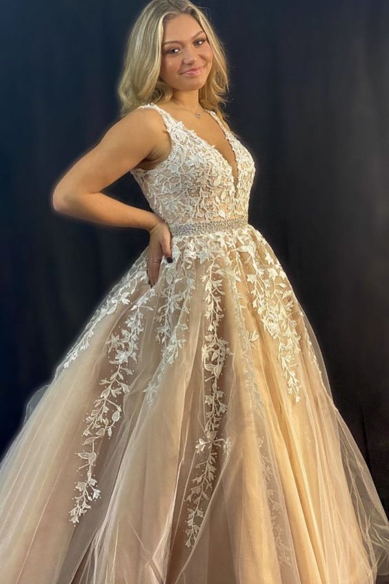 A-line ivory lace appliqued long formal dress long prom gown princess dress cg16851