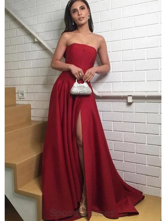 Simple Dark Red Side Slit Long Evening Prom Dresses, Evening Party Prom Dresses cg16867