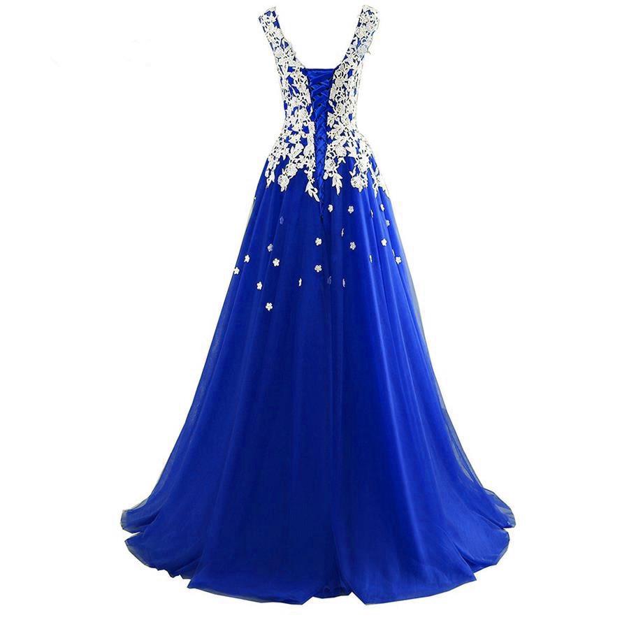 Long Blue Tulle Prom Dresses,White Appliques Princess Dress, Wedding Party Dress cg16878
