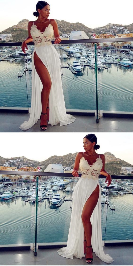 Spaghetti Straps Sleeveless Backless Front Split White Chiffon Prom Dress cg16892