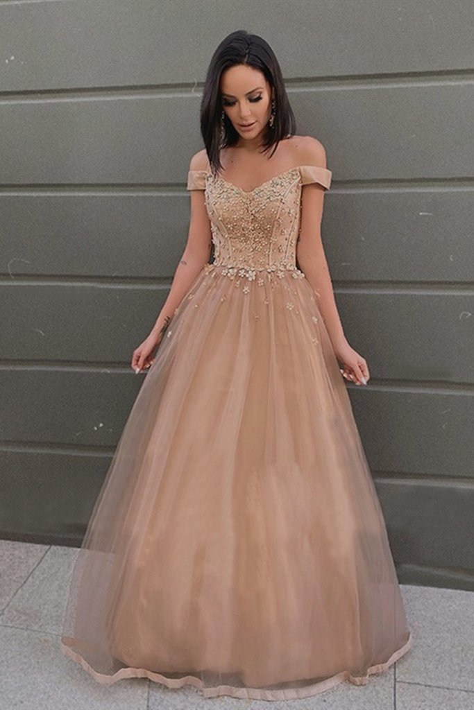 Off the Shoulder Champagne Lace Floral Prom Dress, Off Shoulder Champagne Formal Dress cg16893