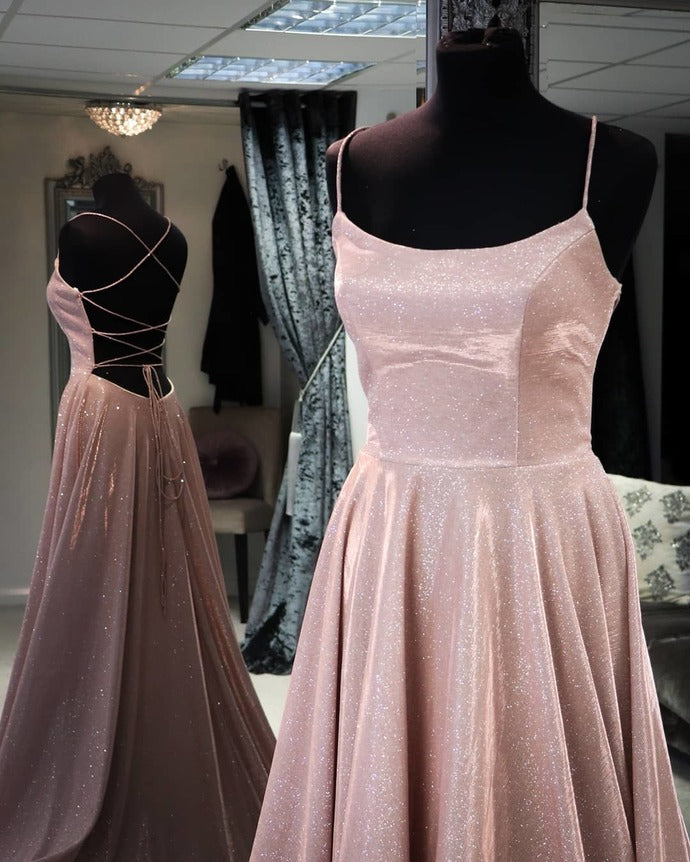 Straps A-line Rose Gold Long Formal Gown prom Dress cg16899