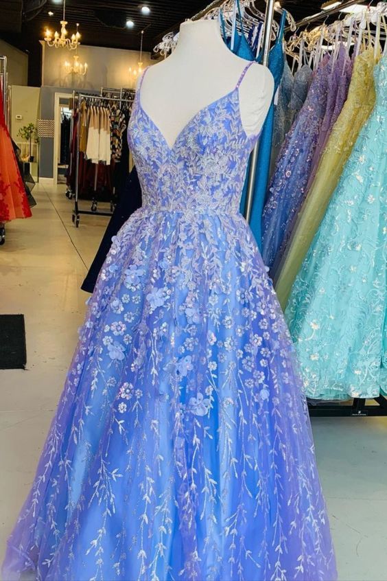 A-line blue lace appliqued long formal dress prom dresses cg16916