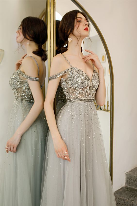 Beaded Grey Formal Dress prom dress cg16921