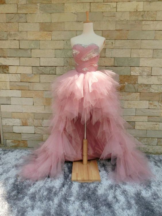 Hi-lo Tulle Prom Dress Strapless Pleated Beaded Prom Dress cg16937