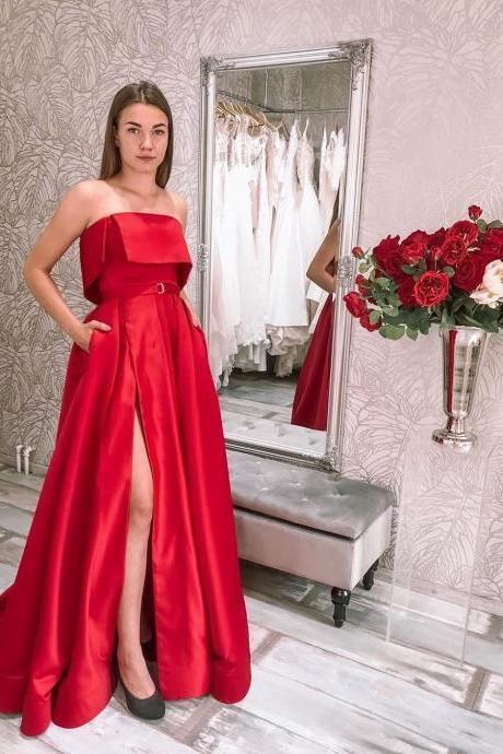 Red Satin Evening Dresses Strapless A-Line Formal Party Dress Prom Dresses cg16940